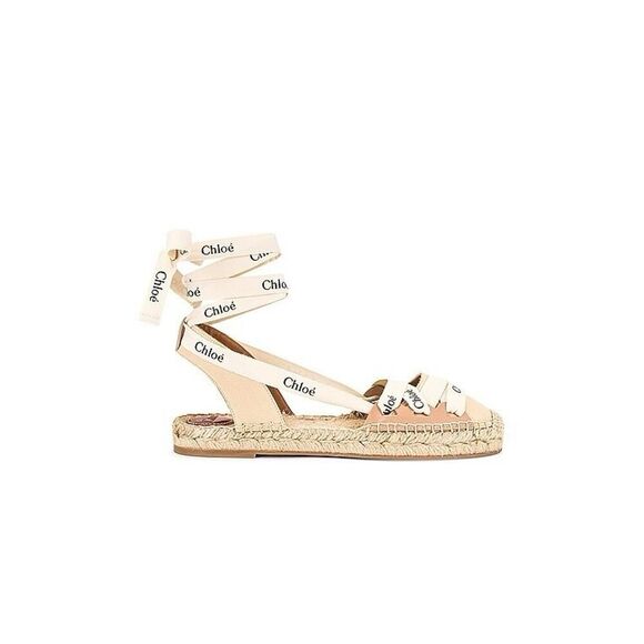 Chloe Beige/White Leather Canvas Espadrille Ankle Wrap  Chloe Beige/White Leather Canvas Espadrille Ankle Wrap Ingrid Flats sz 37/6.5